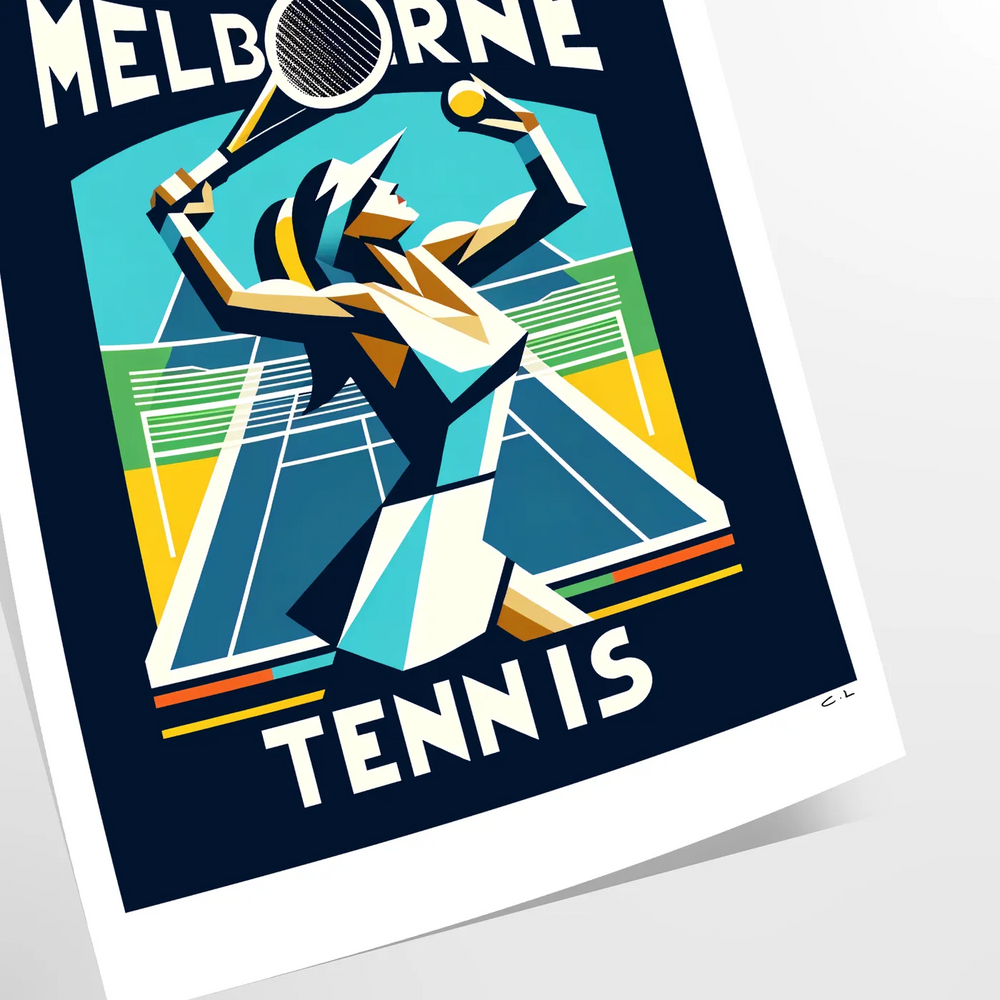 A vintage-style illustration of a female tennis player in action, with green and blue tones.