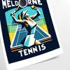 A vintage-style illustration of a female tennis player in action, with green and blue tones. - as a rolled, unframed print
