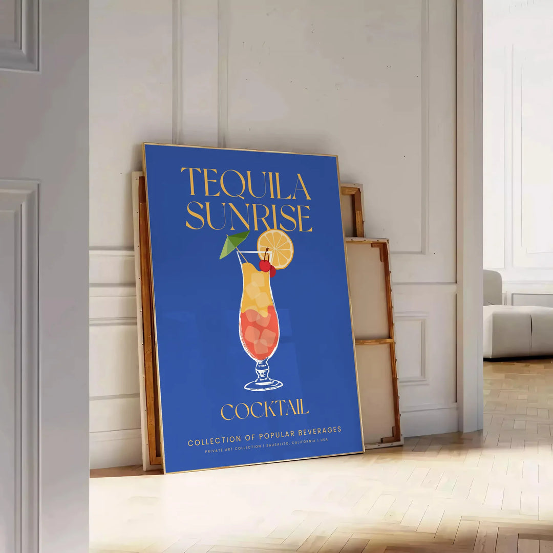 A colorful illustration of a Tequila Sunrise cocktail with orange and yellow hues. - leaning on a herringbone floor against a white panelled wall