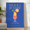 A colorful illustration of a Tequila Sunrise cocktail with orange and yellow hues. - in a bright minimalist room with a plant and an armchair