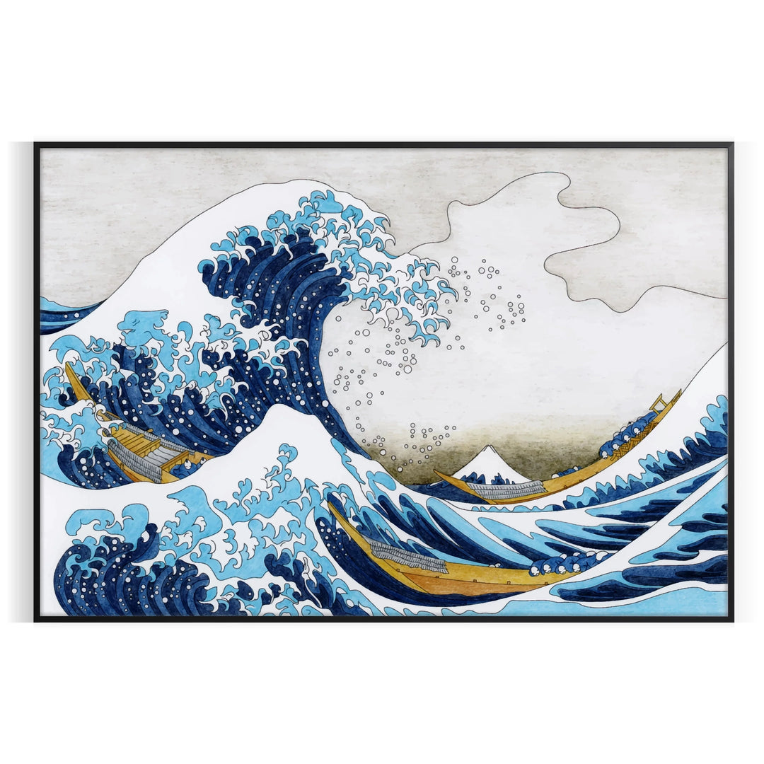 A large blue wave crashing against a rocky shore, with Mount Fuji in the background, by Hokusai