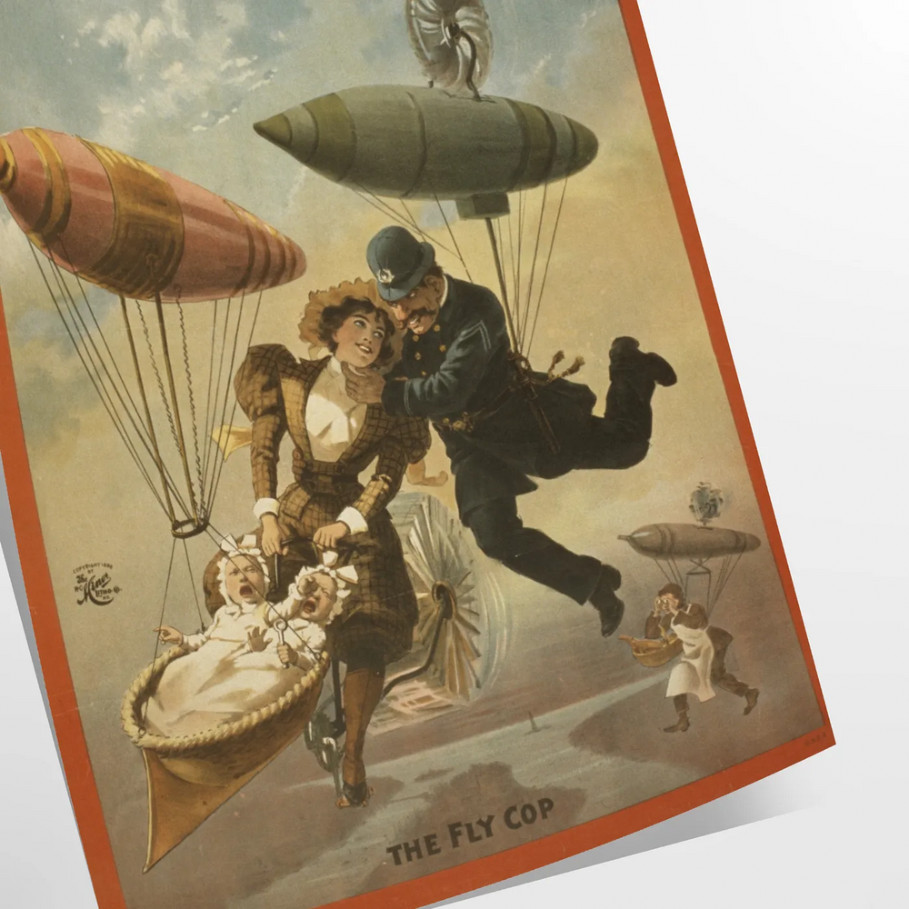 Vintage travel poster featuring an airship soaring through green and gray skies