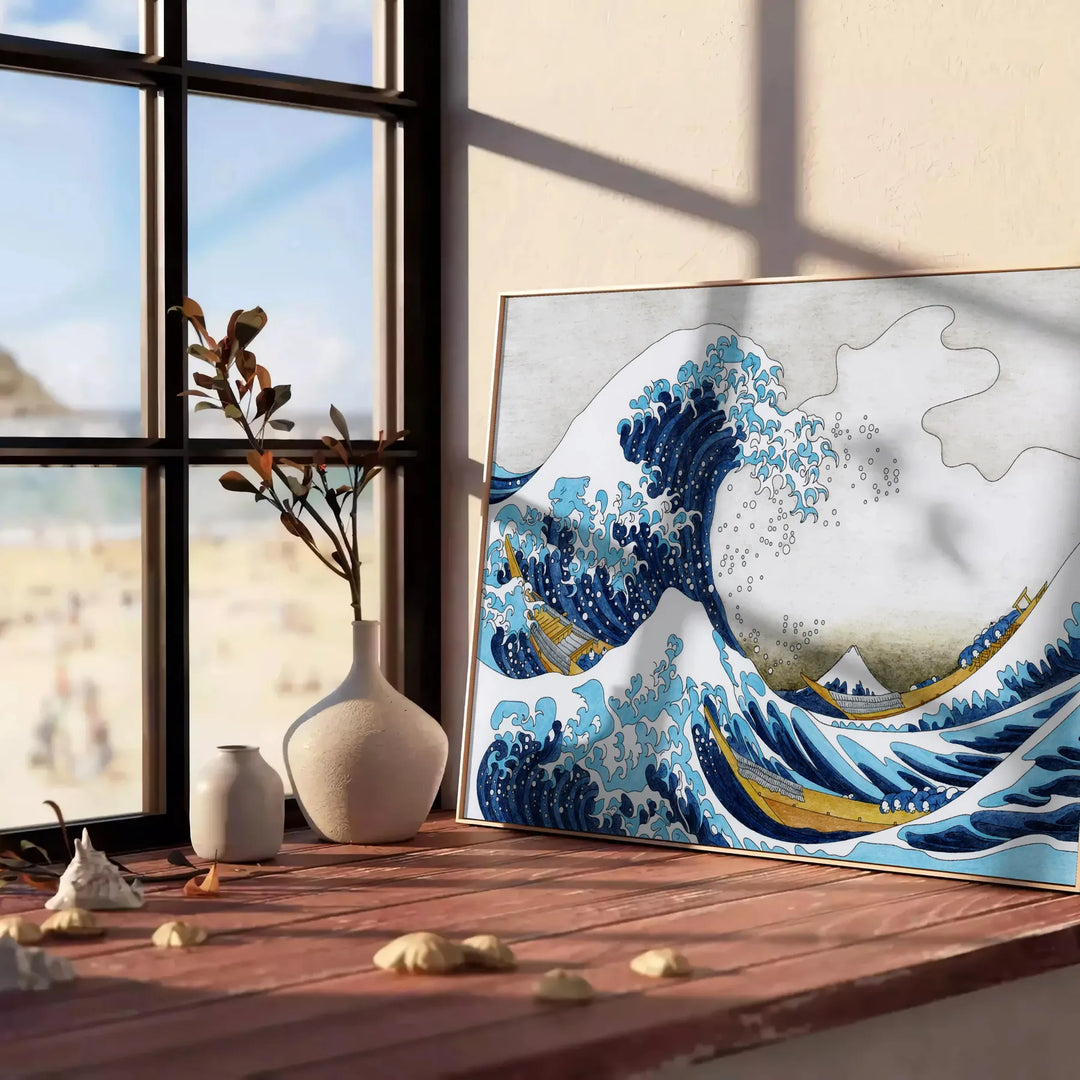 A large blue wave crashing against a rocky shore, with Mount Fuji in the background, by Hokusai - leaning on a herringbone floor against a white panelled wall