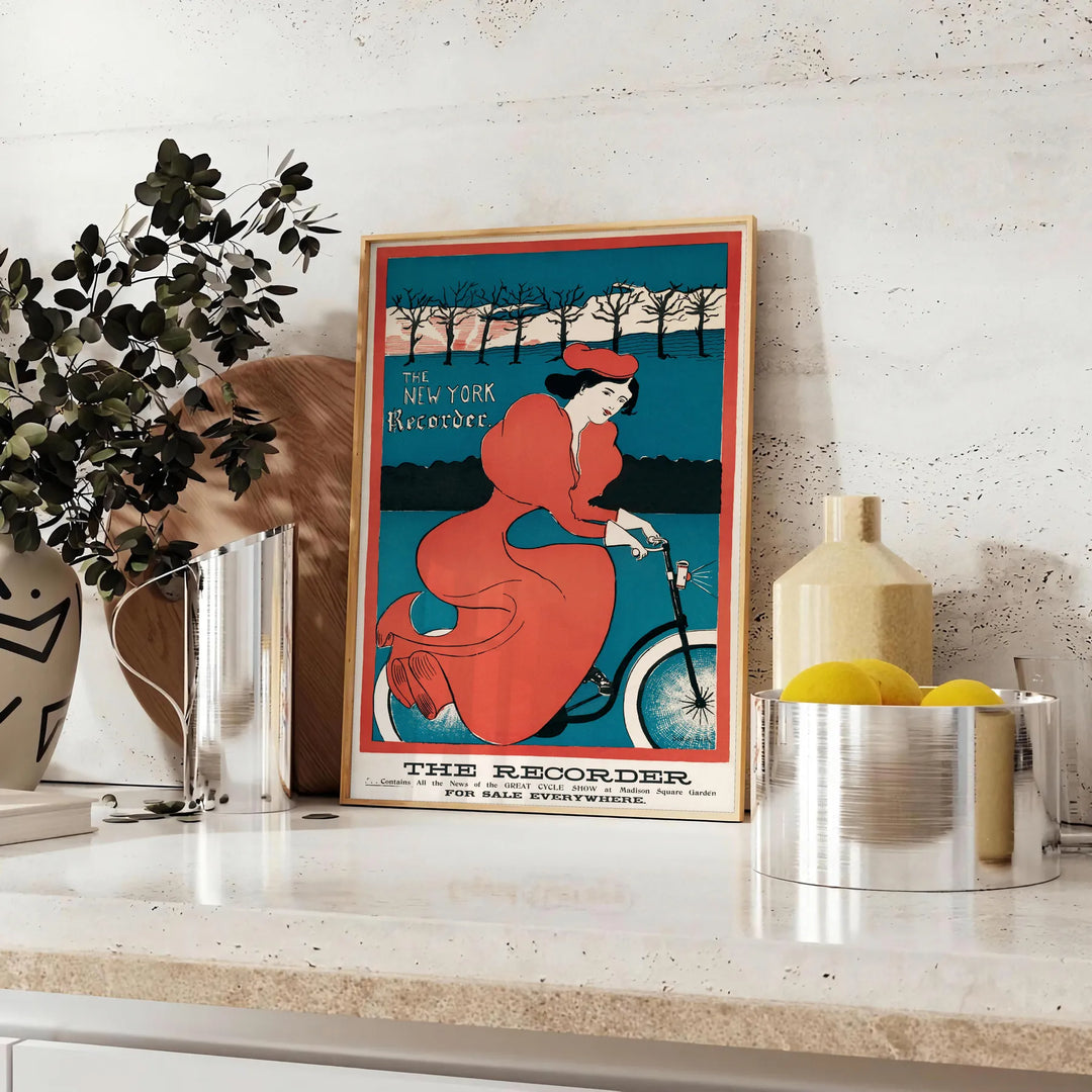 Travel poster featuring New York skyline with green and blue tones - styled on a counter with eucalyptus and a bowl of lemons