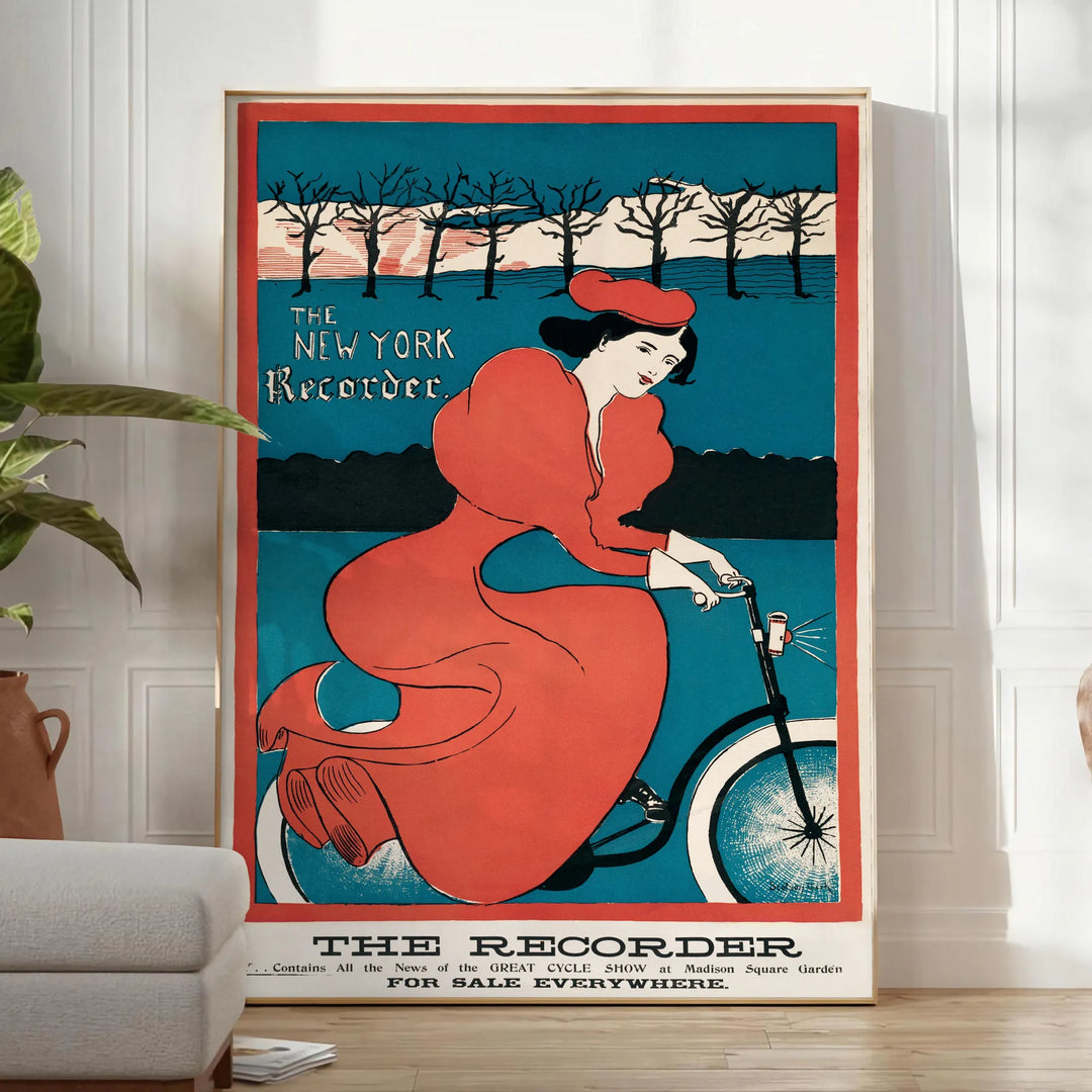 Travel poster featuring New York skyline with green and blue tones - in a bright minimalist room with a plant and an armchair