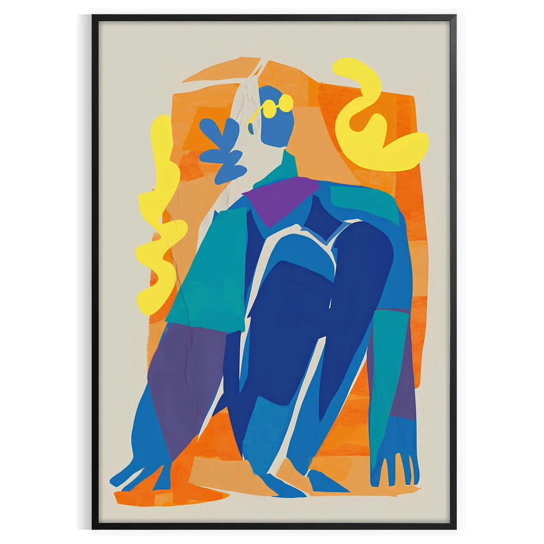 Maximalist poster featuring bold purple and orange hues with abstract shapes - in a black frame