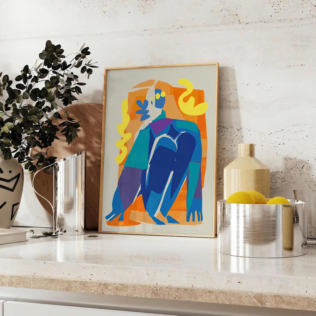 Maximalist poster featuring bold purple and orange hues with abstract shapes - styled on a counter with eucalyptus and a bowl of lemons