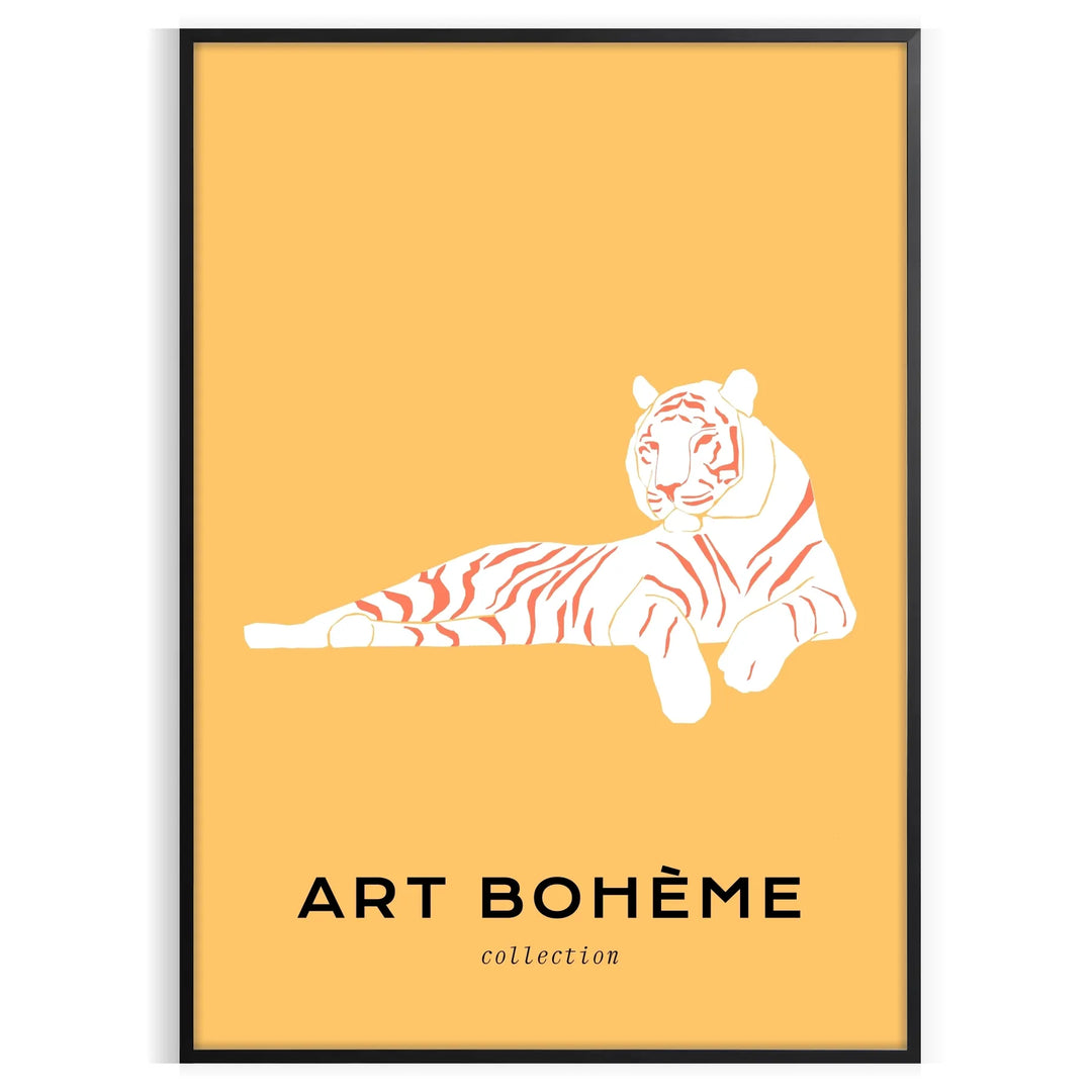 A detailed illustration of a tiger in shades of orange and black against a dark green background