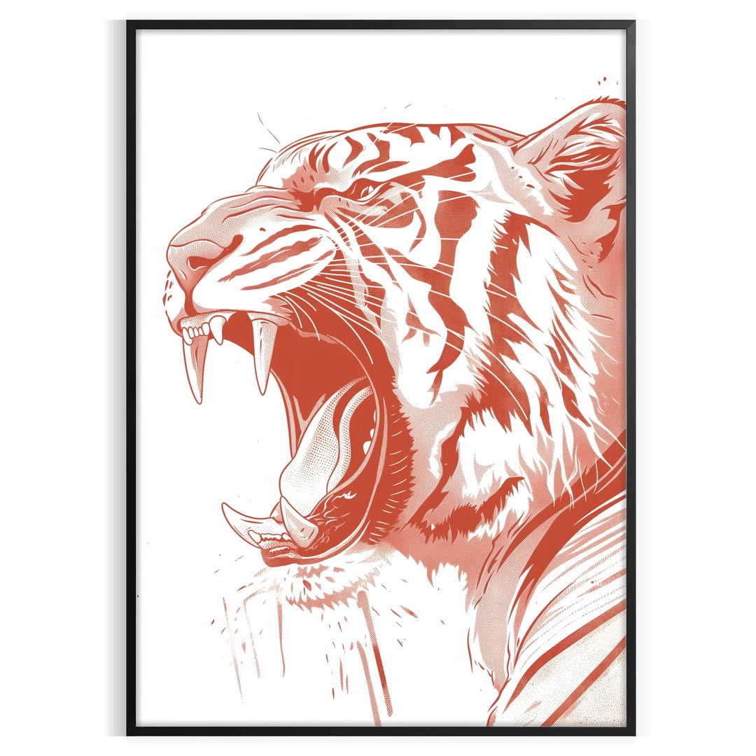 A fierce tiger prowling through a lush green jungle, with orange and red hues.