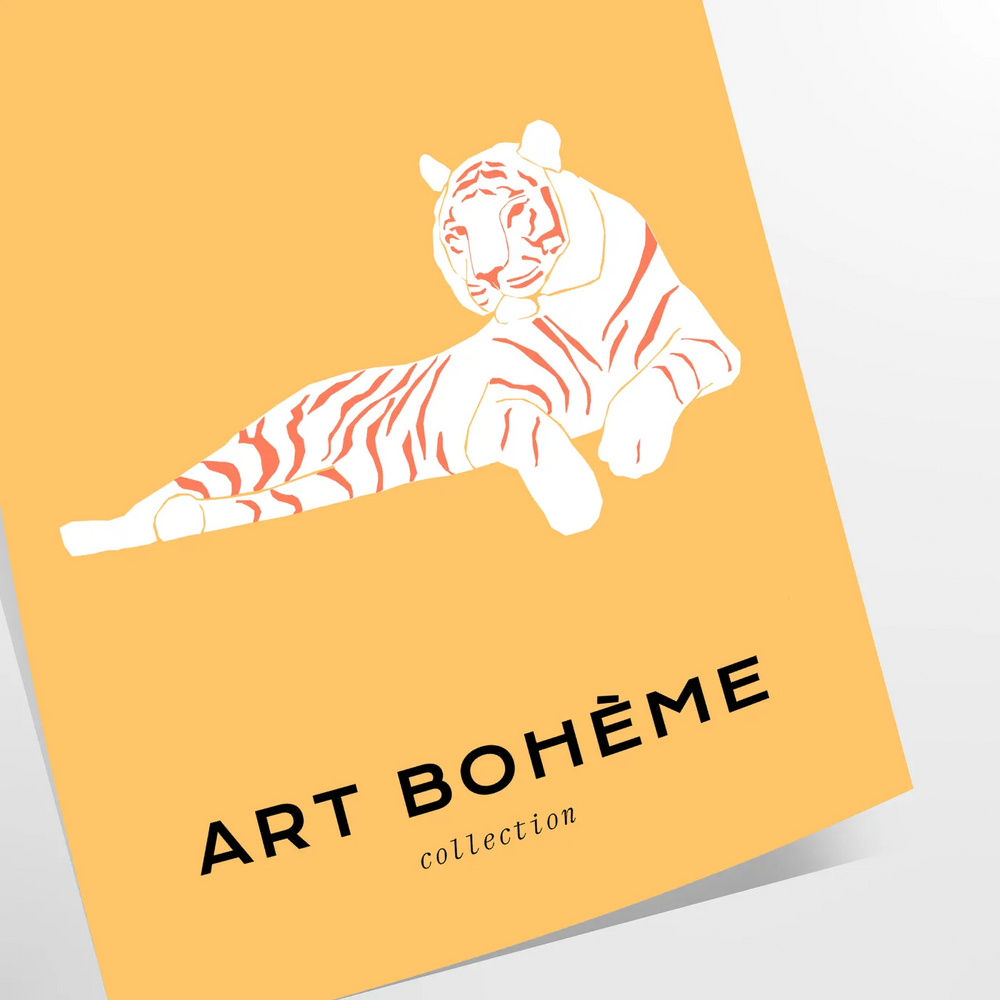 A detailed illustration of a tiger in shades of orange and black against a dark green background