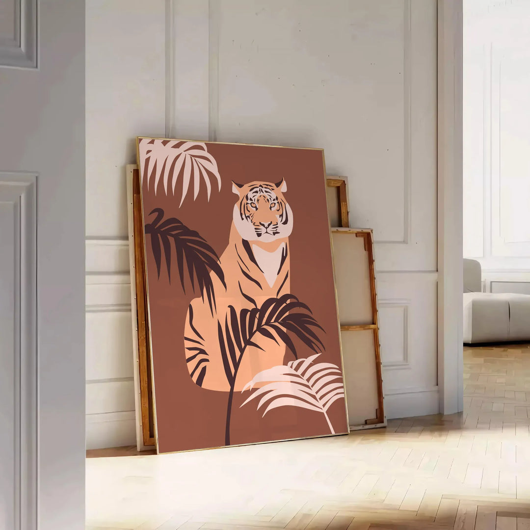 A stylized tiger in gray and green tones, showcasing its fierce expression. - leaning on a herringbone floor against a white panelled wall