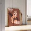 A stylized tiger in gray and green tones, showcasing its fierce expression. - leaning on a herringbone floor against a white panelled wall