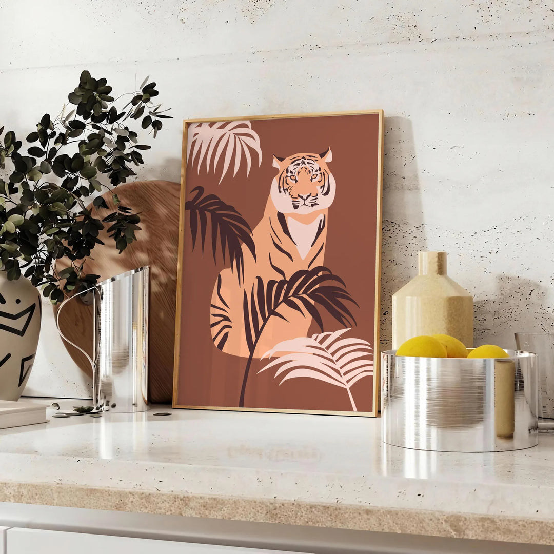 A stylized tiger in gray and green tones, showcasing its fierce expression. - styled on a counter with eucalyptus and a bowl of lemons