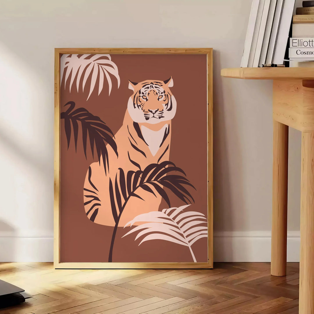A stylized tiger in gray and green tones, showcasing its fierce expression. - beside a round wooden side table with books