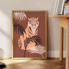 A stylized tiger in gray and green tones, showcasing its fierce expression. - beside a round wooden side table with books