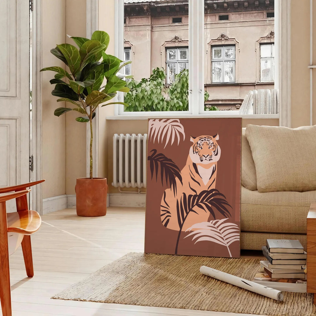 A stylized tiger in gray and green tones, showcasing its fierce expression. - in a Parisian living room with a sofa and a fig plant