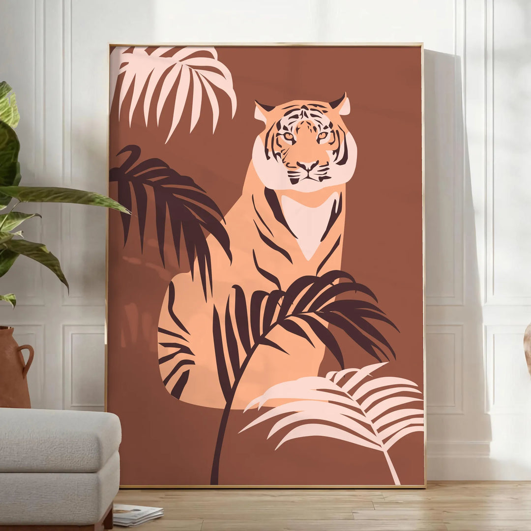 A stylized tiger in gray and green tones, showcasing its fierce expression. - in a bright minimalist room with a plant and an armchair