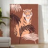 A stylized tiger in gray and green tones, showcasing its fierce expression. - in a bright minimalist room with a plant and an armchair