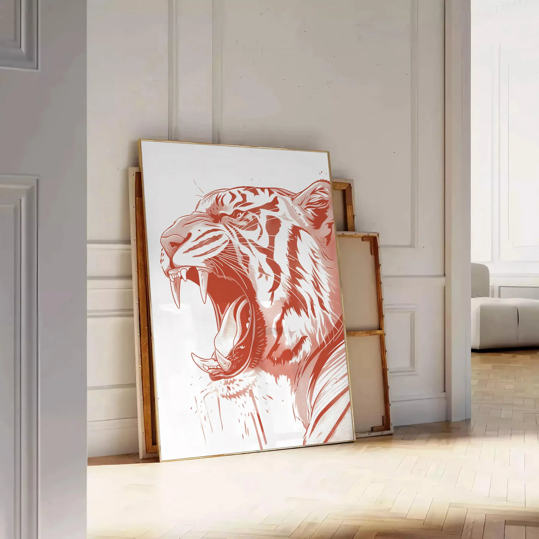A fierce tiger prowling through a lush green jungle, with orange and red hues. - leaning on a herringbone floor against a white panelled wall