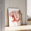 A fierce tiger prowling through a lush green jungle, with orange and red hues. - leaning on a herringbone floor against a white panelled wall