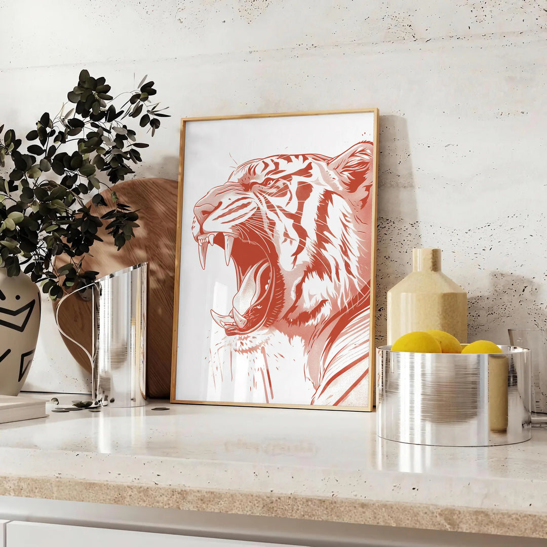 A fierce tiger prowling through a lush green jungle, with orange and red hues. - styled on a counter with eucalyptus and a bowl of lemons