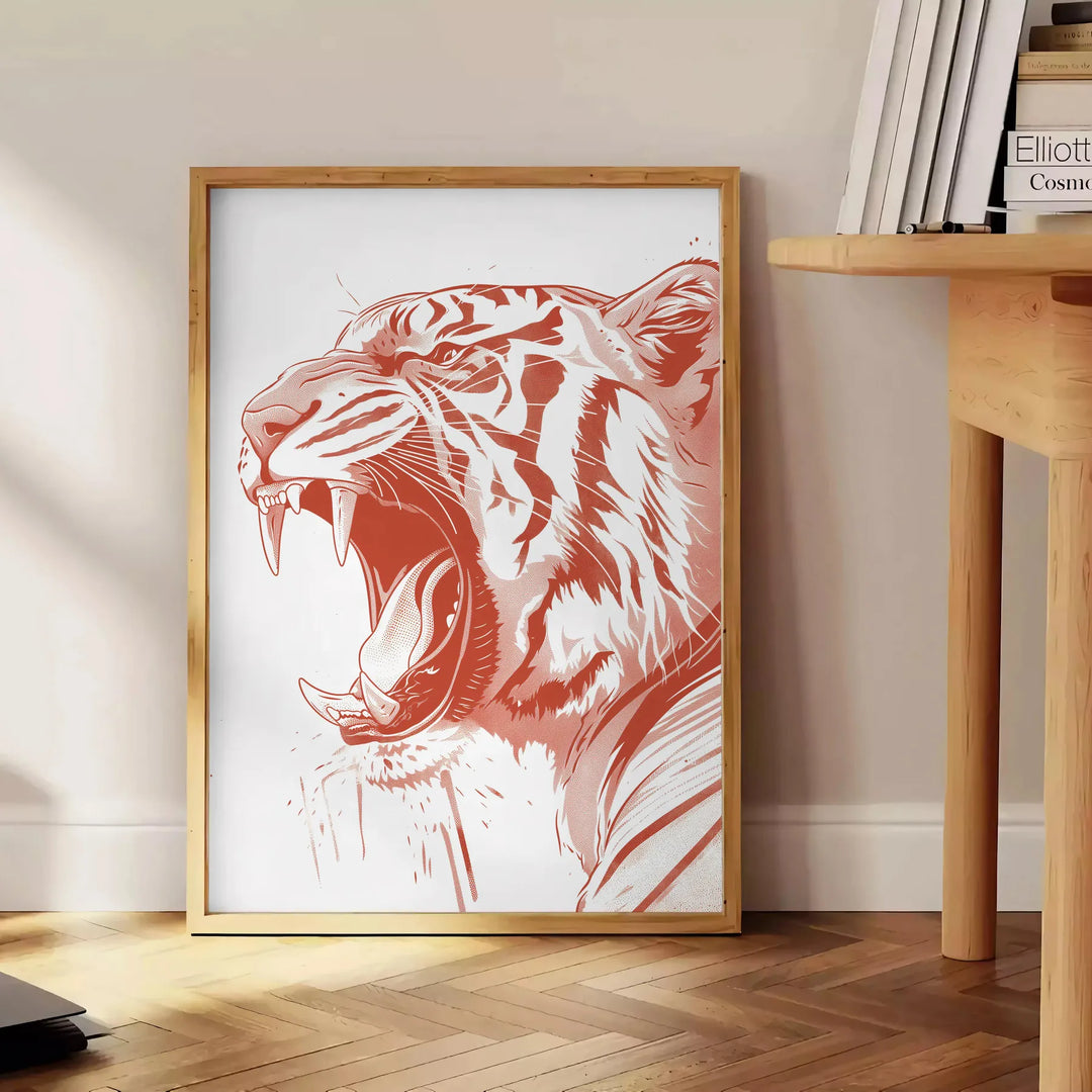 A fierce tiger prowling through a lush green jungle, with orange and red hues. - beside a round wooden side table with books