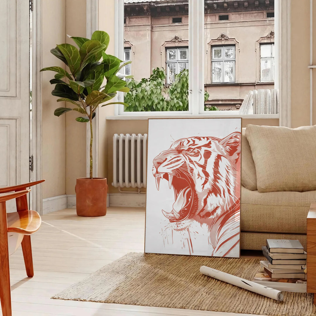 A fierce tiger prowling through a lush green jungle, with orange and red hues. - in a Parisian living room with a sofa and a fig plant