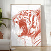 A fierce tiger prowling through a lush green jungle, with orange and red hues. - in a bright minimalist room with a plant and an armchair