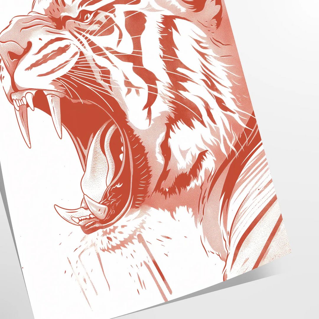 A fierce tiger prowling through a lush green jungle, with orange and red hues. - as a rolled, unframed print