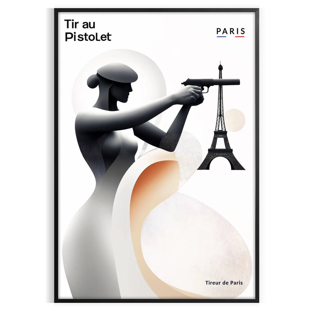 Poster showing stylized Paris pistol-shooting athlete, Olympic sport artwork