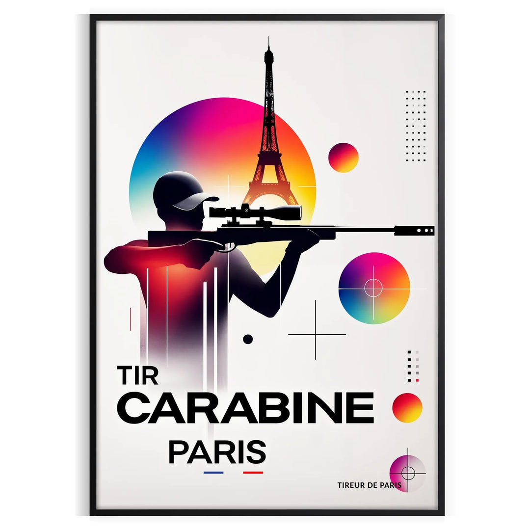 Poster featuring a tir carabine shooter illustration, minimalist Olympic design