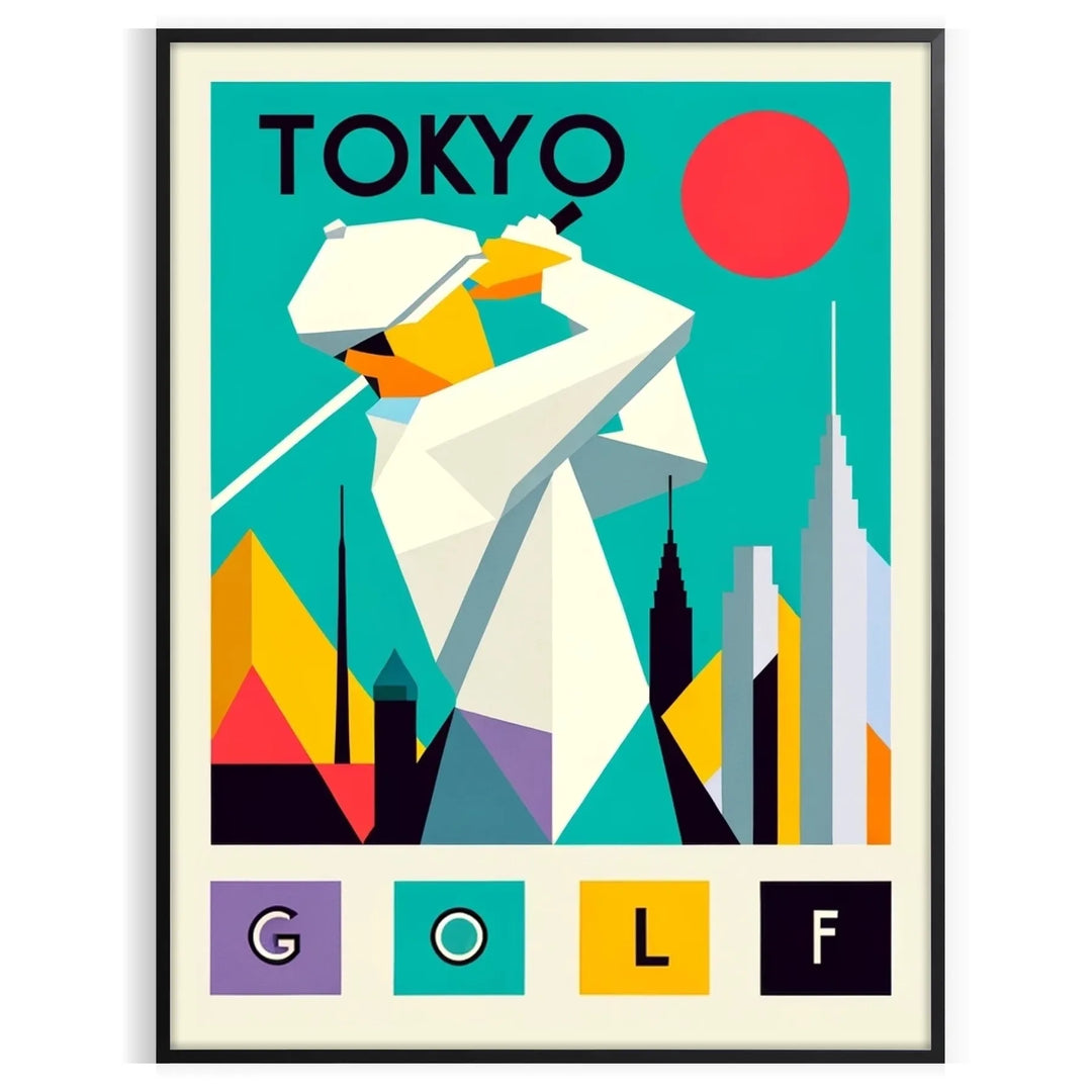 Stylized golf scene in Tokyo with neon pink and blue colors