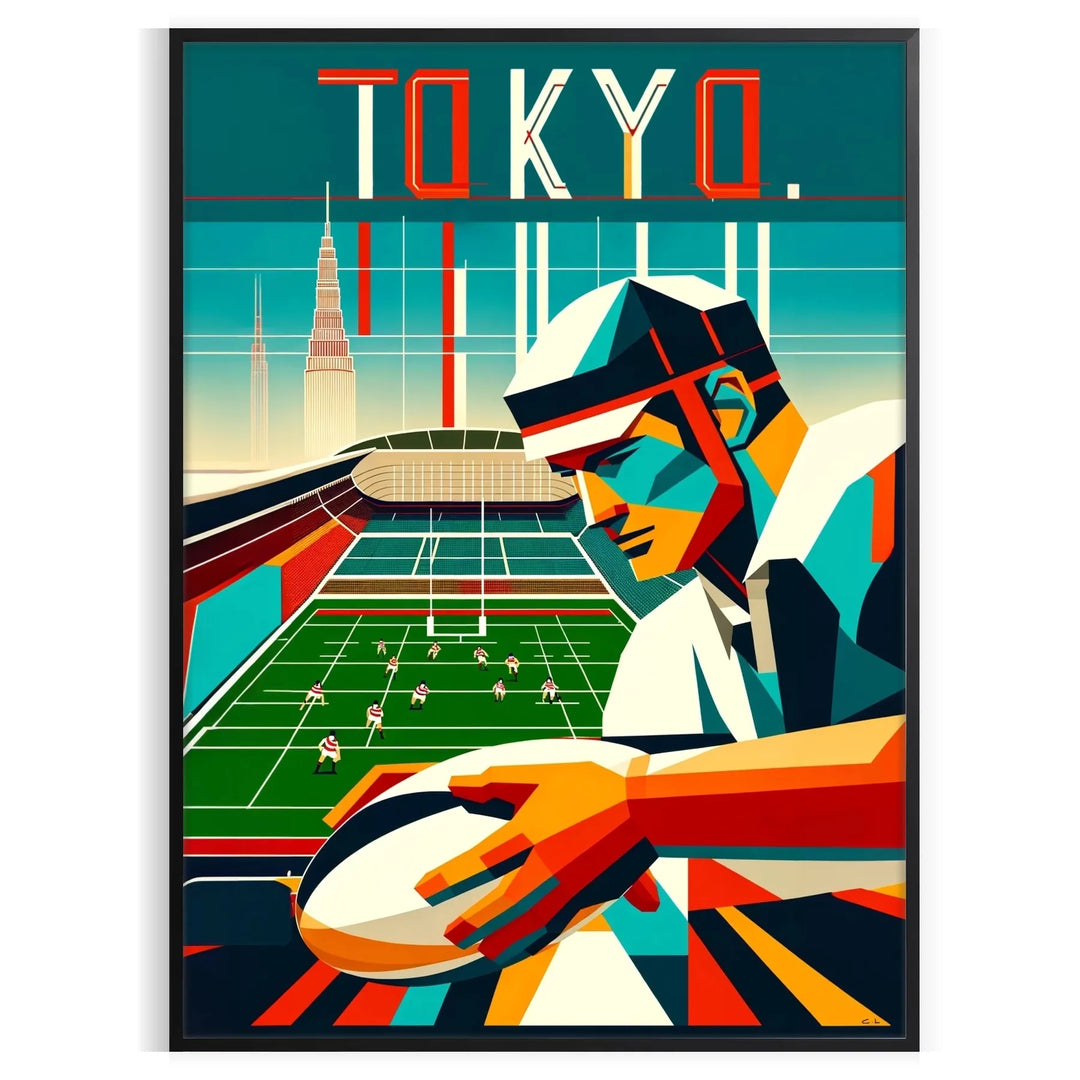 Art Deco poster featuring a rugby scene in Tokyo with bold geometric shapes