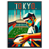 Art Deco poster featuring a rugby scene in Tokyo with bold geometric shapes - in a black frame