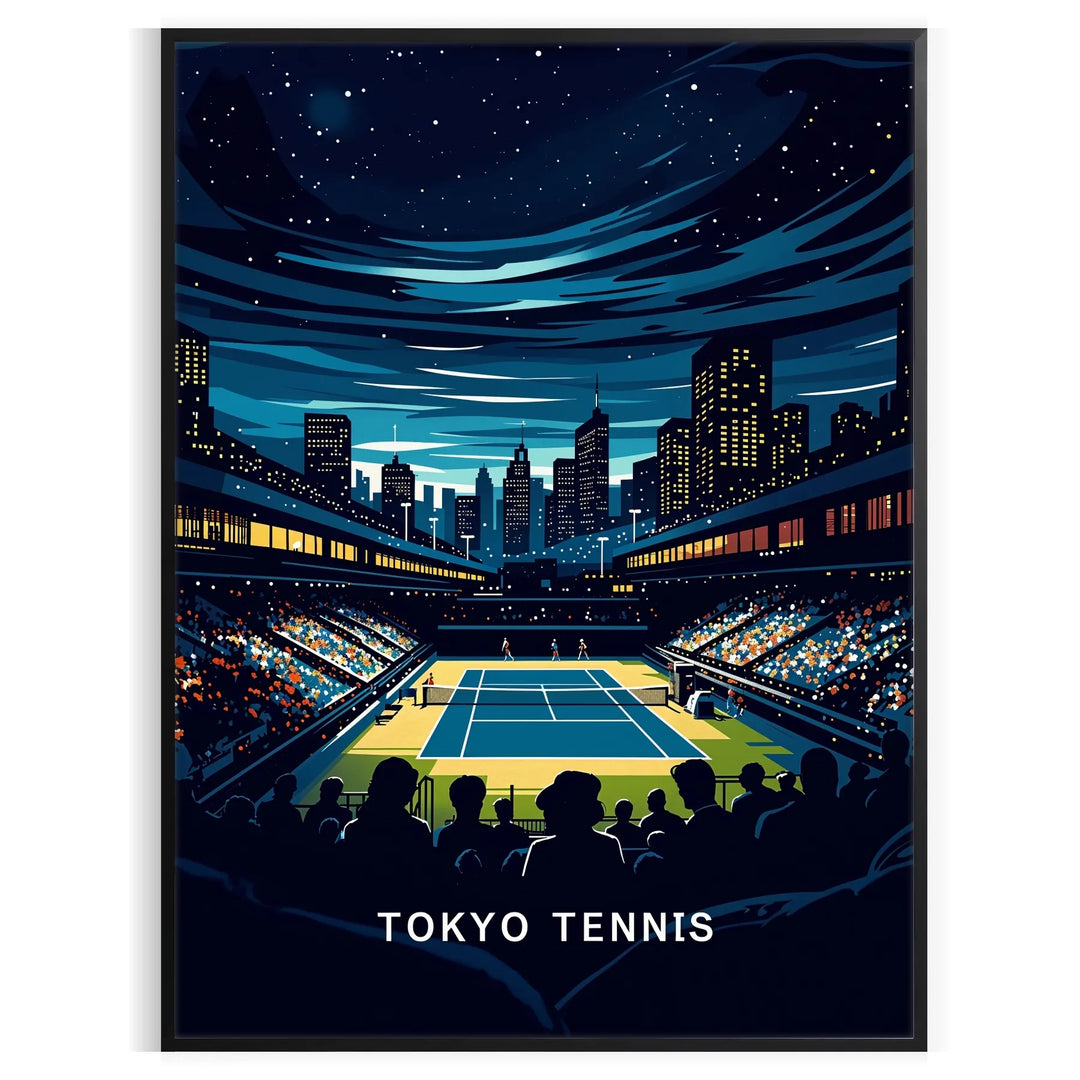 Art Deco style poster featuring tennis players in Tokyo