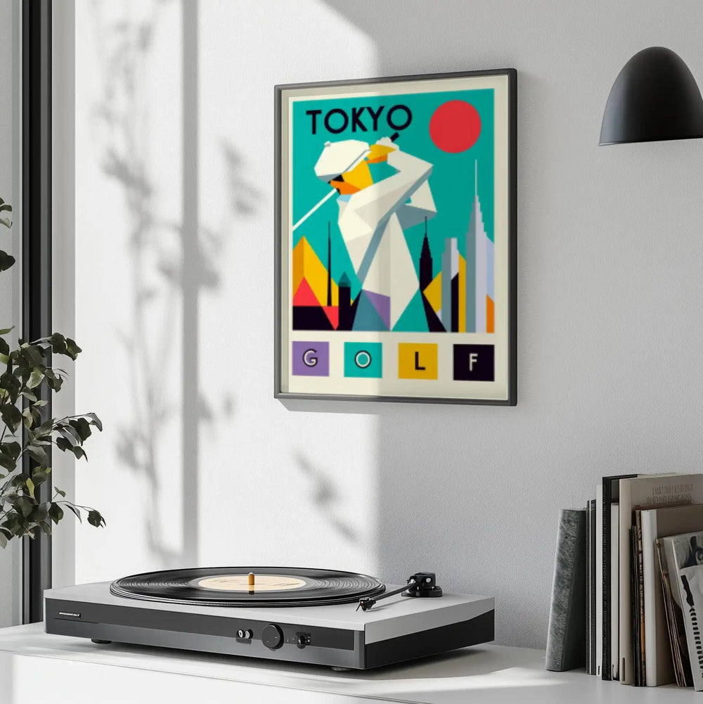 Stylized golf scene in Tokyo with neon pink and blue colors