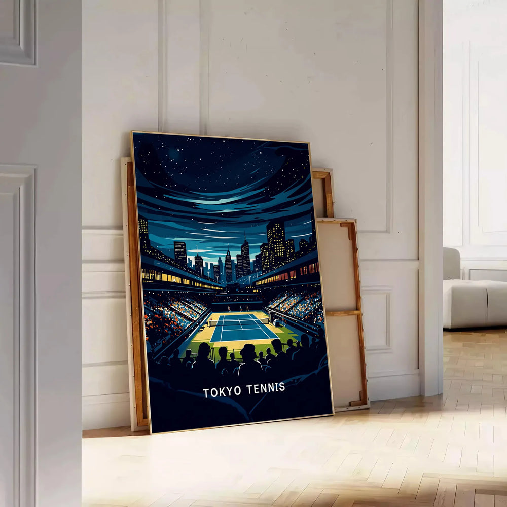 Art Deco style poster featuring tennis players in Tokyo
