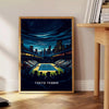 Poster in stile Art Deco con giocatori di tennis a Tokyo - accanto a un tavolino rotondo in legno con libri