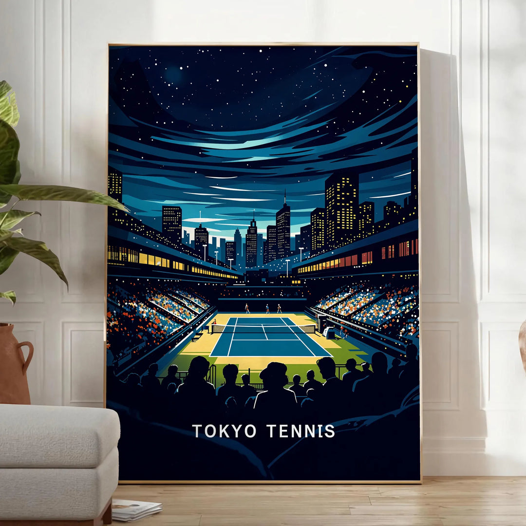 Poster in stile Art Deco con giocatori di tennis a Tokyo - in una stanza luminosa e minimalista con pianta e poltrona