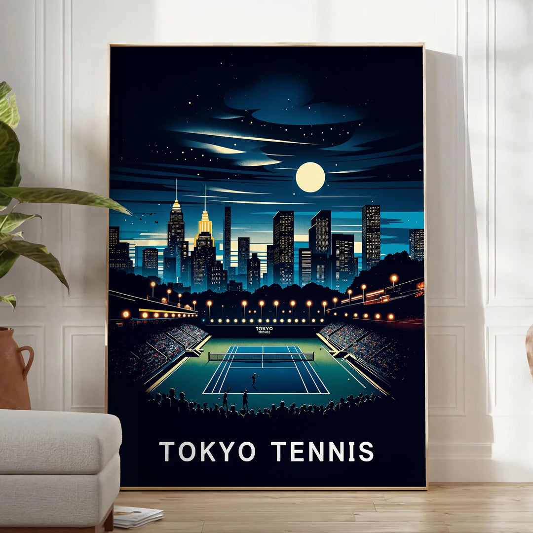 Pôster de estilo Art Déco com jogadores de tênis em Tóquio - num quarto luminoso e minimalista com planta e poltrona