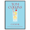Illustration of a Tom Collins cocktail in a glass with lemon and cherry, yellow and blue colors - in a black frame