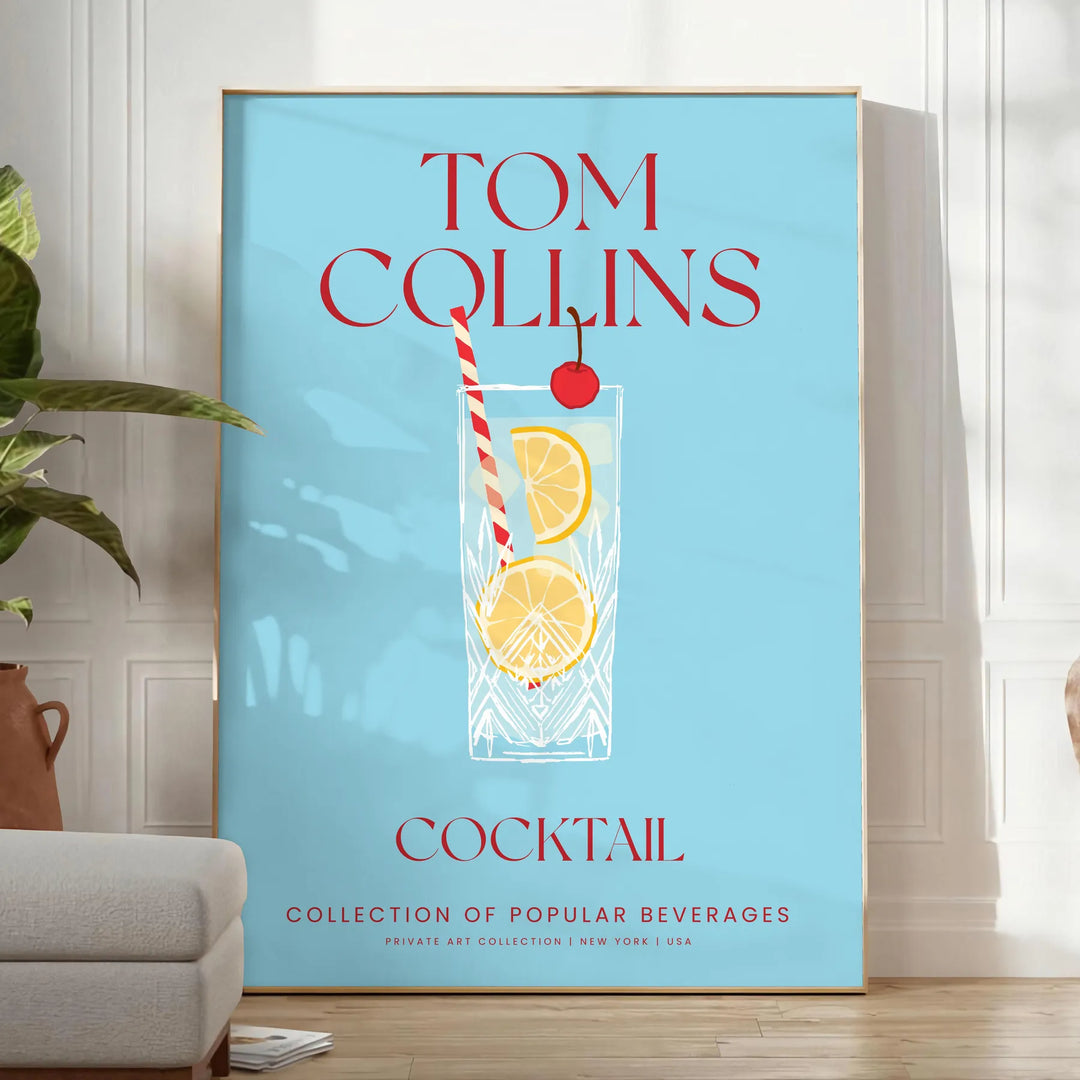 Illustration of a Tom Collins cocktail in a glass with lemon and cherry, yellow and blue colors - in a bright minimalist room with a plant and an armchair
