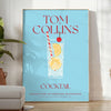 Illustration of a Tom Collins cocktail in a glass with lemon and cherry, yellow and blue colors - in a bright minimalist room with a plant and an armchair