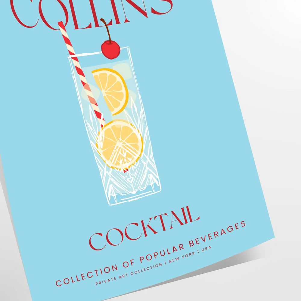 Illustration of a Tom Collins cocktail in a glass with lemon and cherry, yellow and blue colors