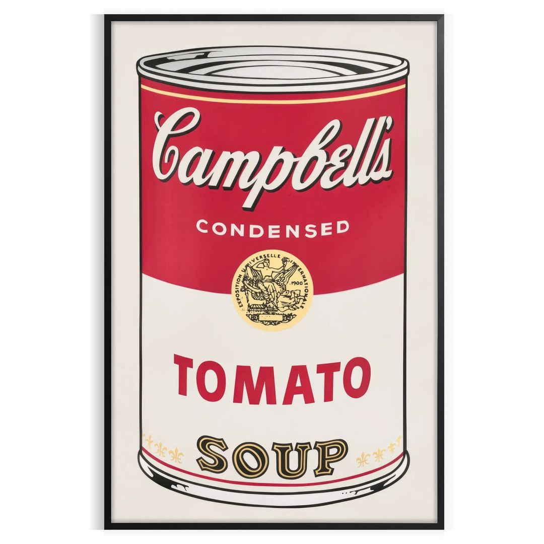 A colorful depiction of a tomato soup can with a vintage pub aesthetic