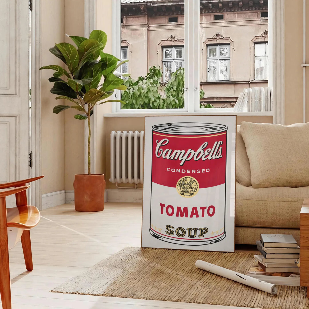 A colorful depiction of a tomato soup can with a vintage pub aesthetic - in a Parisian living room with a sofa and a fig plant