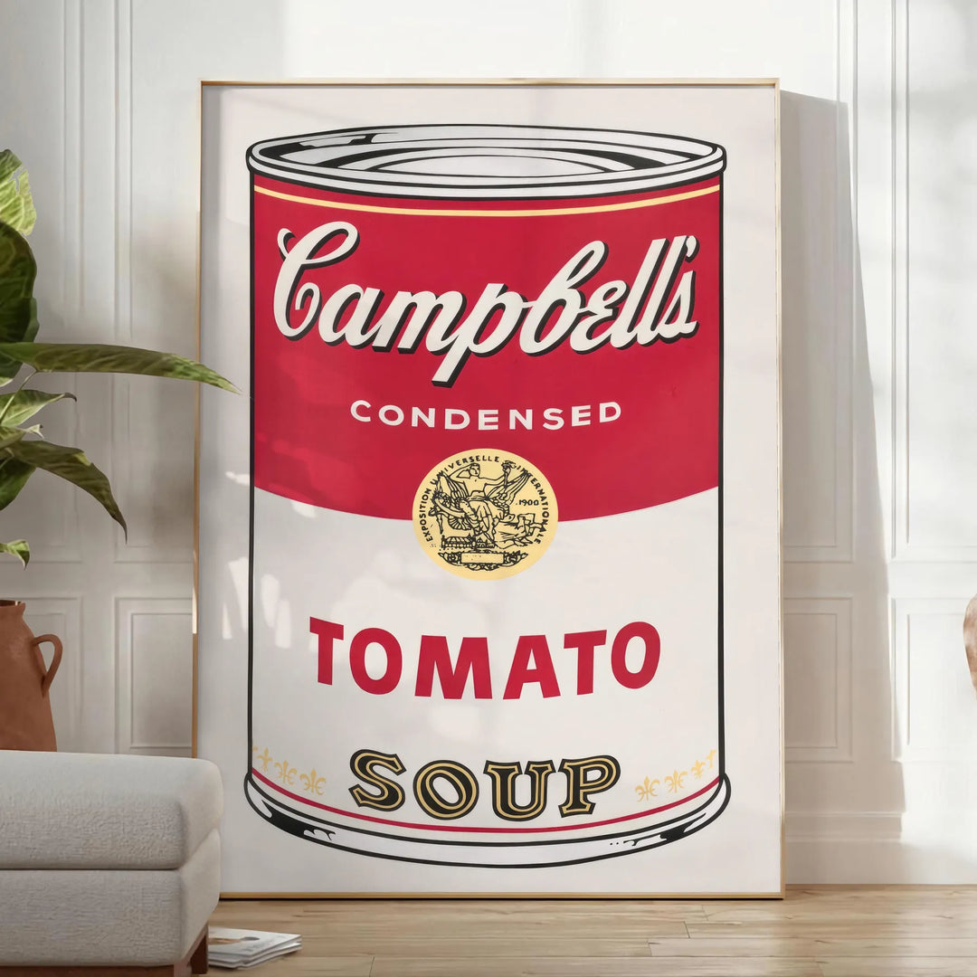 A colorful depiction of a tomato soup can with a vintage pub aesthetic - in a bright minimalist room with a plant and an armchair