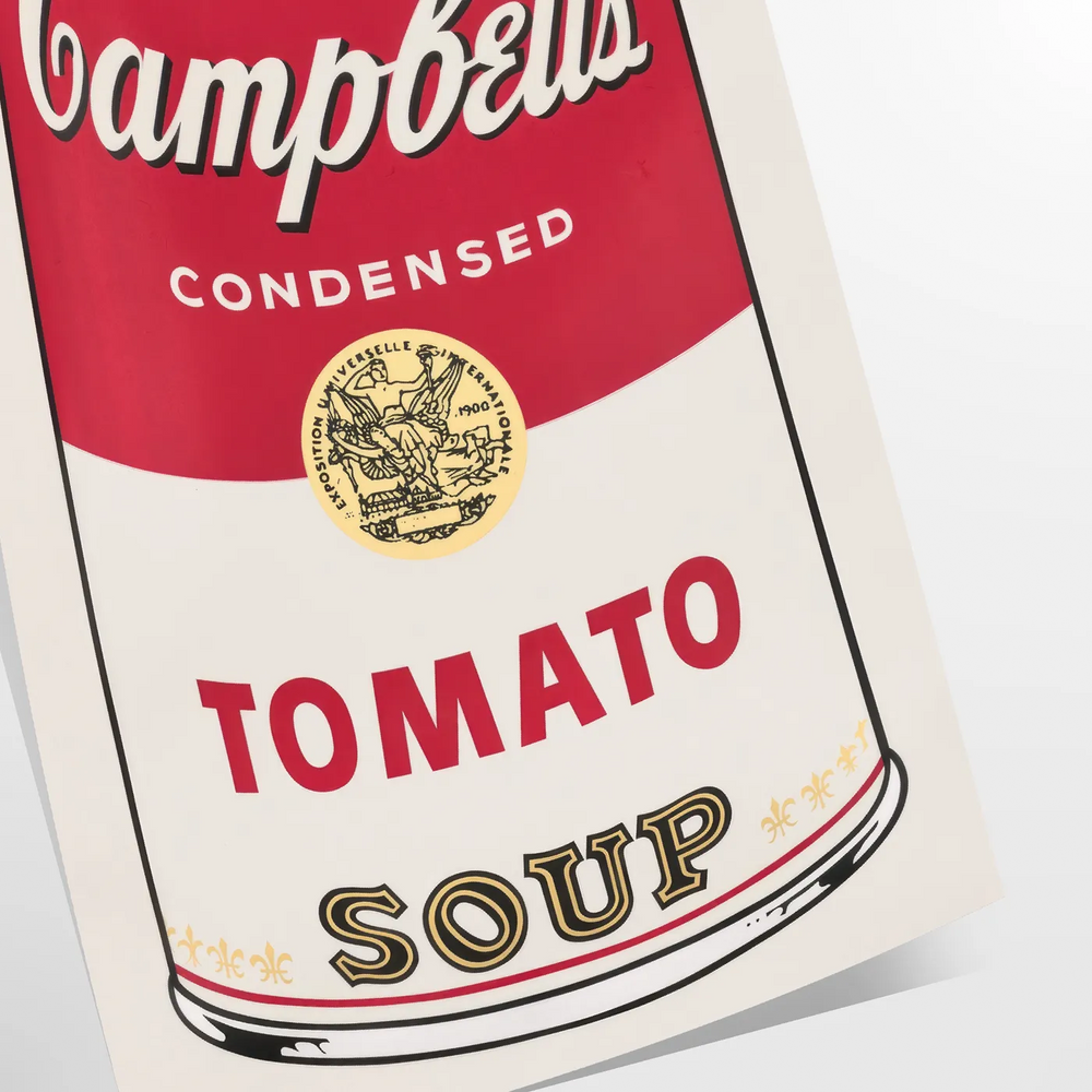 A colorful depiction of a tomato soup can with a vintage pub aesthetic