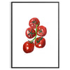 Illustration von reifen Tomaten auf einer Holzoberfläche mit erdigen Brauntönen und üppigem Grün - in einem schwarzen Rahmen