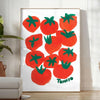 a colorful illustration of tomatoes on a blue background - in a bright minimalist room with a plant and an armchair